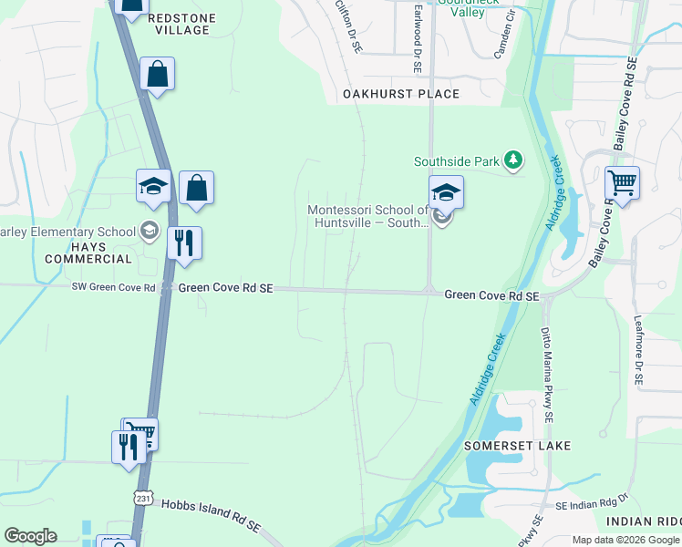 map of restaurants, bars, coffee shops, grocery stores, and more near 412 Green Cove Road Southeast in Huntsville