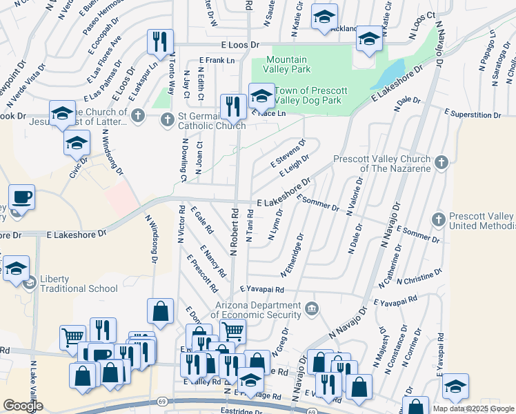 map of restaurants, bars, coffee shops, grocery stores, and more near 8305 East Lakeshore Drive in Prescott Valley