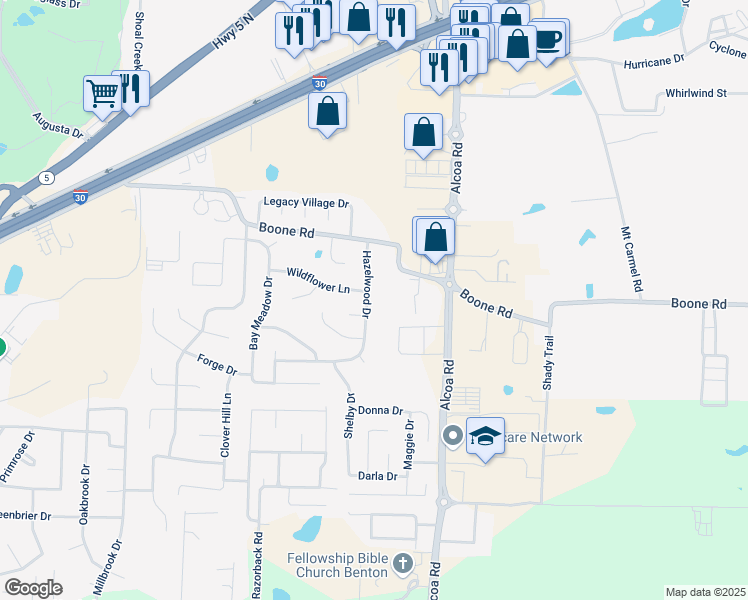 map of restaurants, bars, coffee shops, grocery stores, and more near 3524 Hazelwood Drive in Benton