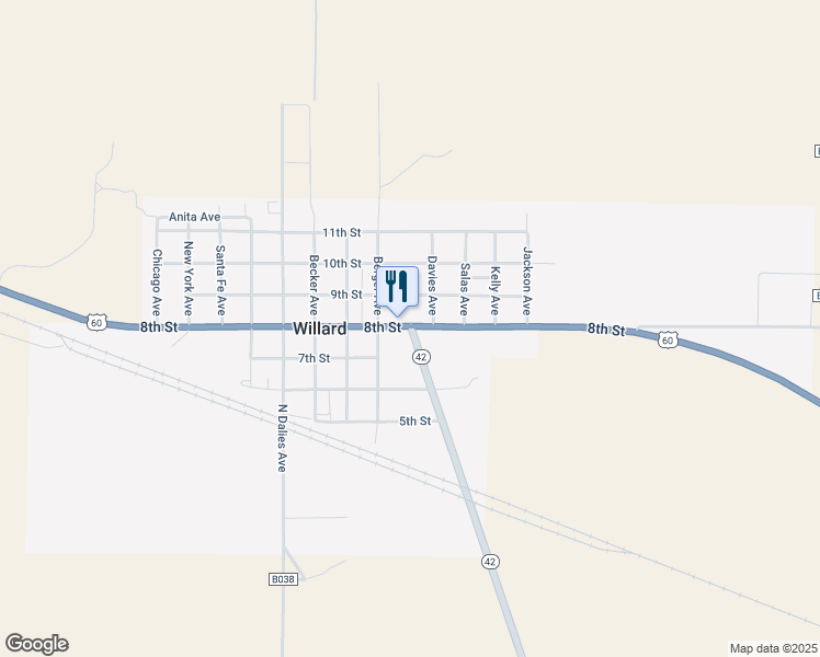 map of restaurants, bars, coffee shops, grocery stores, and more near New Mexico 42 in Willard