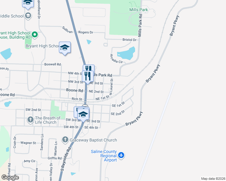 map of restaurants, bars, coffee shops, grocery stores, and more near 204 North Laurel Street in Bryant