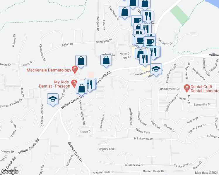 map of restaurants, bars, coffee shops, grocery stores, and more near 3168 Dome Rock Place in Prescott