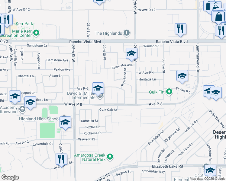 map of restaurants, bars, coffee shops, grocery stores, and more near 39254 Buckskin Court in Palmdale