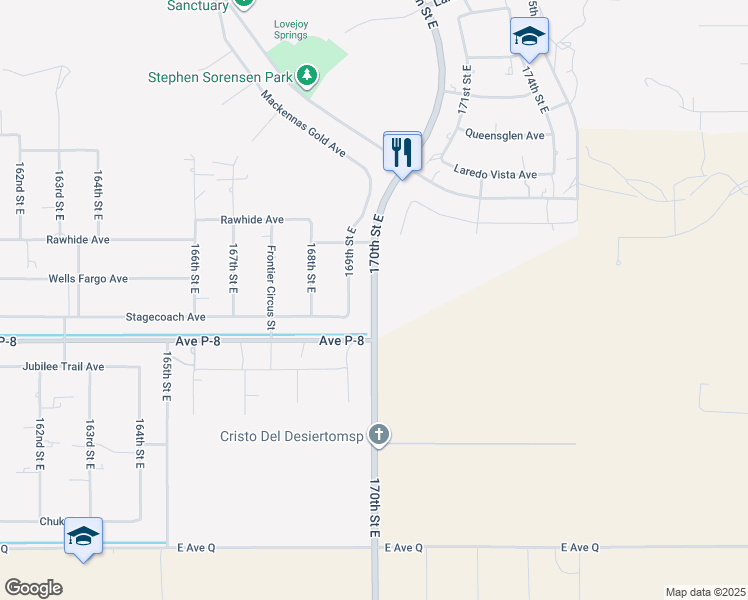 map of restaurants, bars, coffee shops, grocery stores, and more near 170th Street East in Palmdale