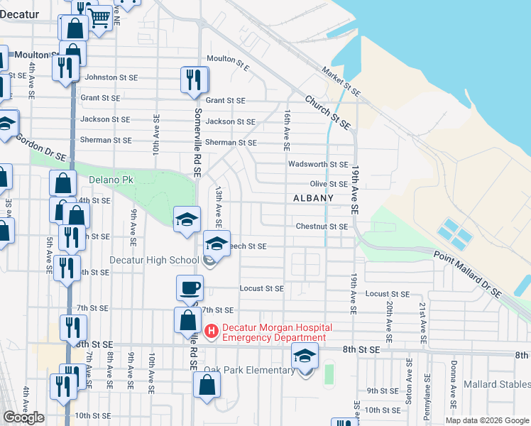 map of restaurants, bars, coffee shops, grocery stores, and more near 1501 Tower Street Southeast in Decatur