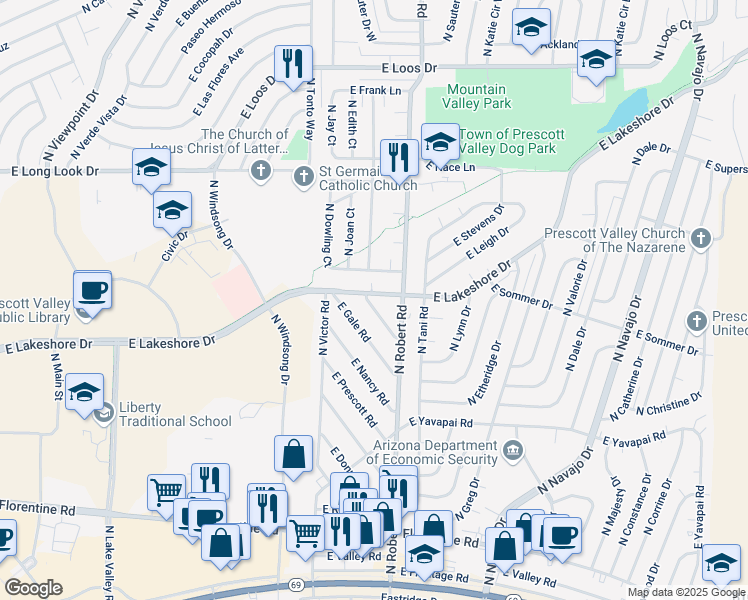 map of restaurants, bars, coffee shops, grocery stores, and more near 8149 East Lakeshore Drive in Prescott Valley
