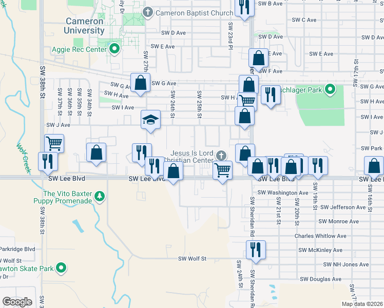 map of restaurants, bars, coffee shops, grocery stores, and more near 2501 Southwest White Avenue in Lawton