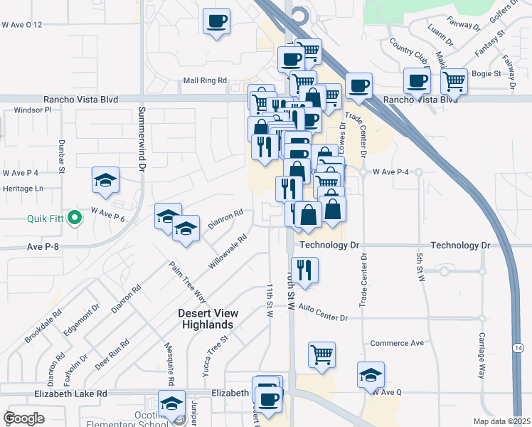 map of restaurants, bars, coffee shops, grocery stores, and more near 1109 Beechdale Drive in Palmdale