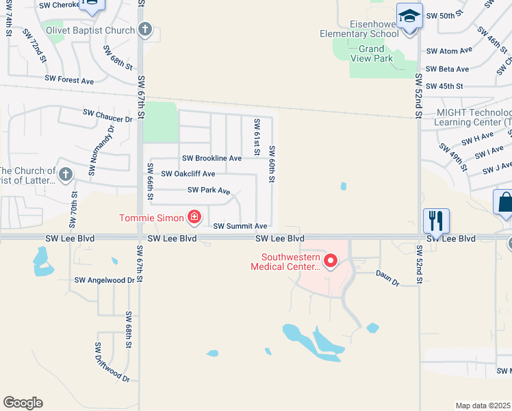 map of restaurants, bars, coffee shops, grocery stores, and more near 6110 Southwest Oakcliff in Lawton