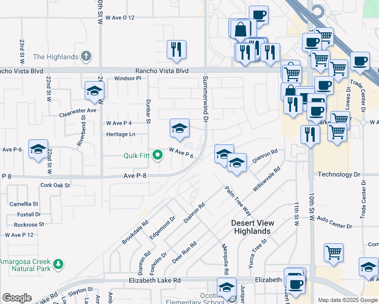 map of restaurants, bars, coffee shops, grocery stores, and more near 1535 Avenue P-6 in Palmdale