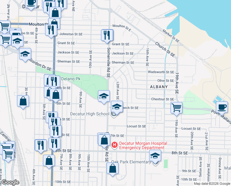 map of restaurants, bars, coffee shops, grocery stores, and more near 805 13th Avenue Southeast in Decatur