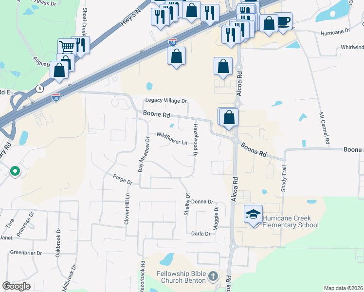 map of restaurants, bars, coffee shops, grocery stores, and more near 4005 Wildflower Lane in Benton