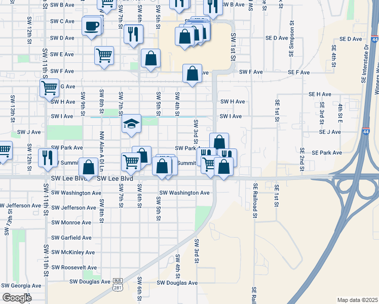 map of restaurants, bars, coffee shops, grocery stores, and more near 306 Southwest Park Avenue in Lawton