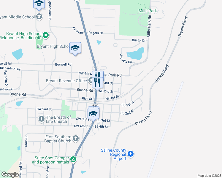 map of restaurants, bars, coffee shops, grocery stores, and more near 211 Northeast 2nd Street in Bryant