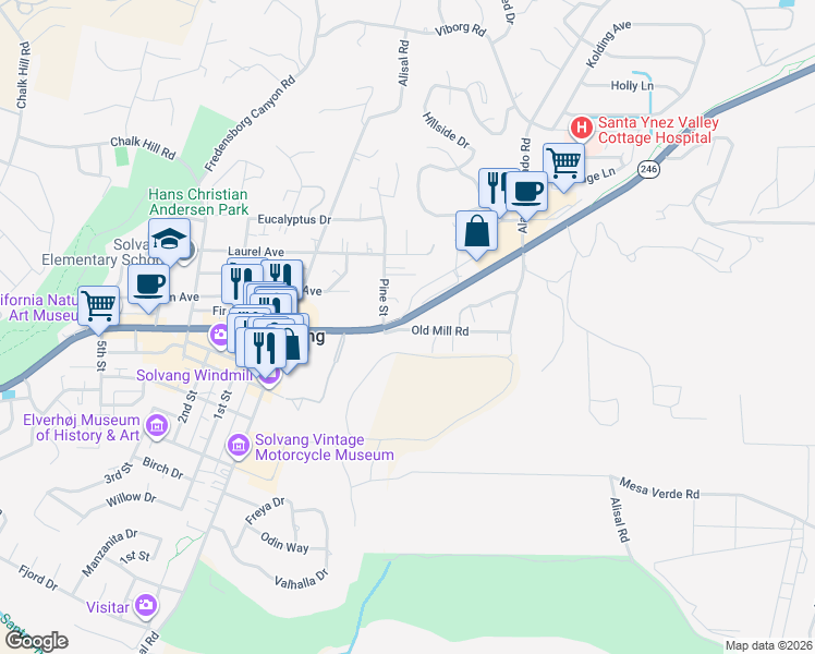 map of restaurants, bars, coffee shops, grocery stores, and more near 1836 Mission Drive in Solvang