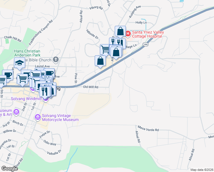 map of restaurants, bars, coffee shops, grocery stores, and more near 1945 Old Mill Road in Solvang