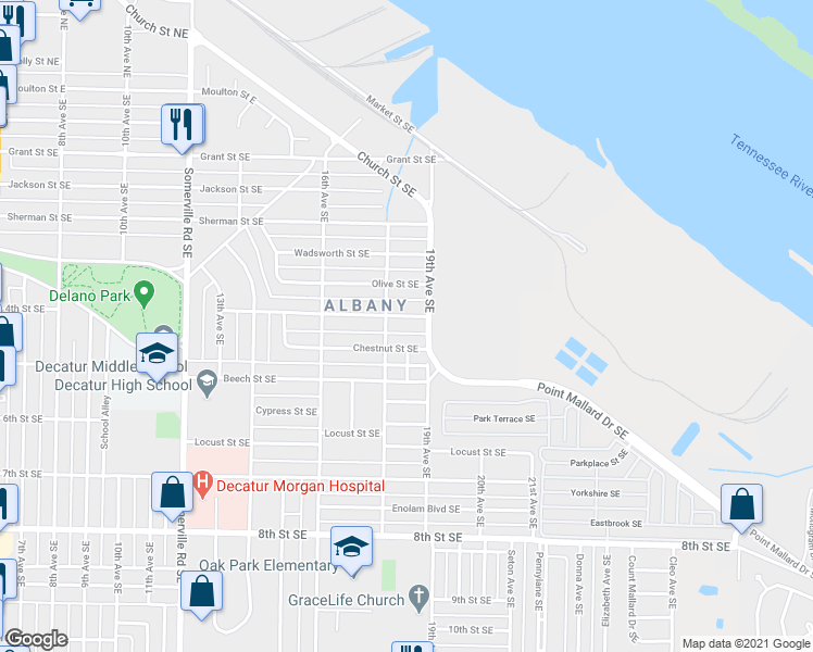 map of restaurants, bars, coffee shops, grocery stores, and more near 1817 Tower Street Southeast in Decatur