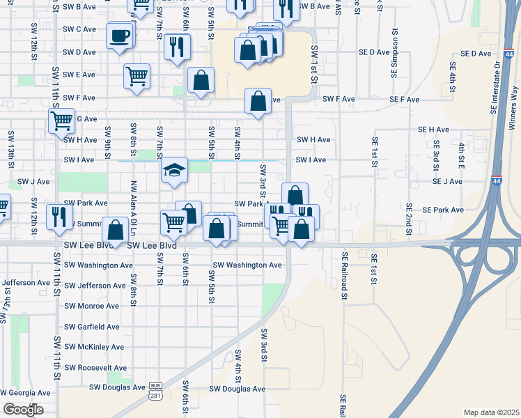 map of restaurants, bars, coffee shops, grocery stores, and more near 306 Southwest Park Avenue in Lawton