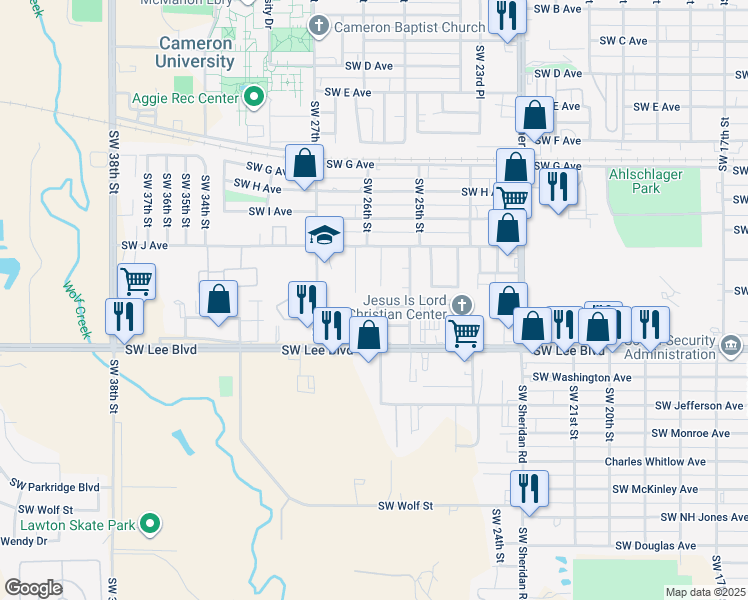 map of restaurants, bars, coffee shops, grocery stores, and more near 2517 Southwest White Avenue in Lawton