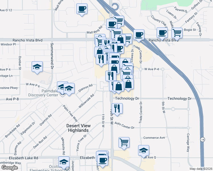 map of restaurants, bars, coffee shops, grocery stores, and more near 39237 10th Street West in Palmdale