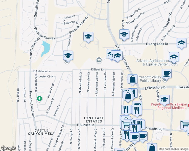 map of restaurants, bars, coffee shops, grocery stores, and more near 3724 N Mountain View Dr in Prescott Valley