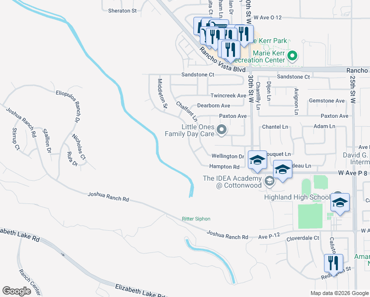 map of restaurants, bars, coffee shops, grocery stores, and more near 3001 Rancho Vista Boulevard in Palmdale