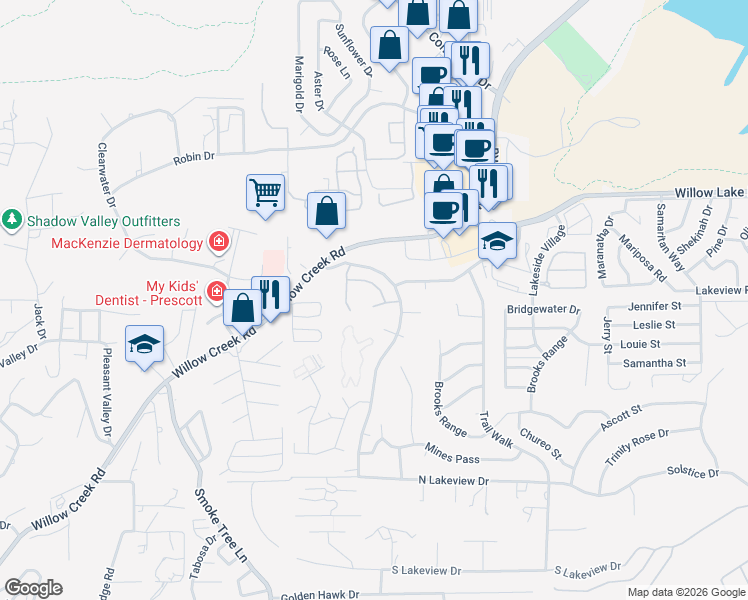 map of restaurants, bars, coffee shops, grocery stores, and more near 3168 Shoshone Drive in Prescott