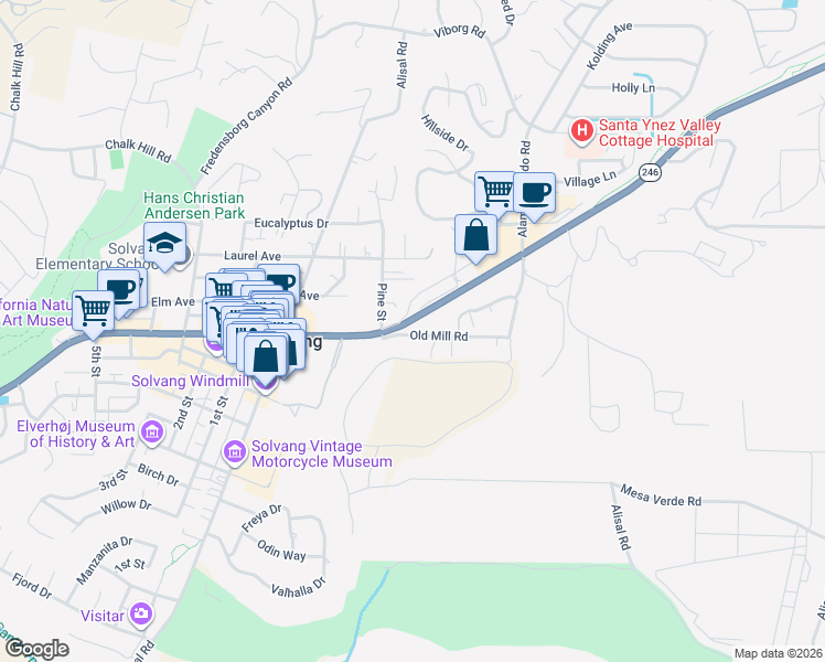 map of restaurants, bars, coffee shops, grocery stores, and more near 1836 Mission Drive in Solvang