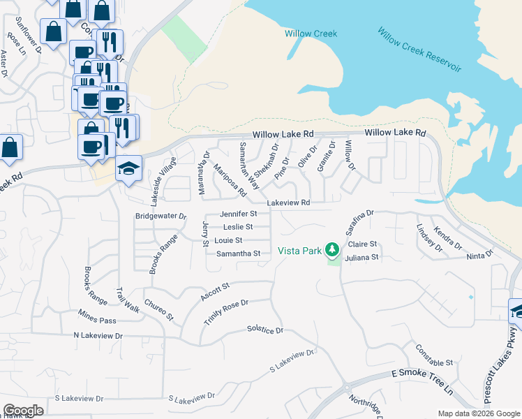 map of restaurants, bars, coffee shops, grocery stores, and more near 1341 Jennifer Street in Prescott