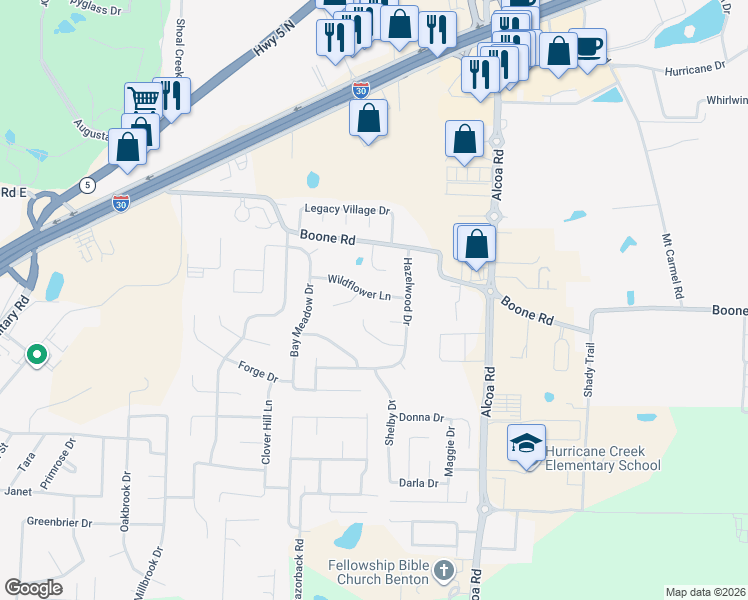 map of restaurants, bars, coffee shops, grocery stores, and more near 4005 Wildflower Ln in Benton
