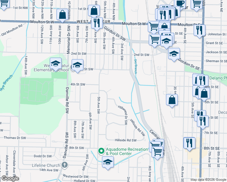 map of restaurants, bars, coffee shops, grocery stores, and more near 403 Wildwood Circle in Decatur