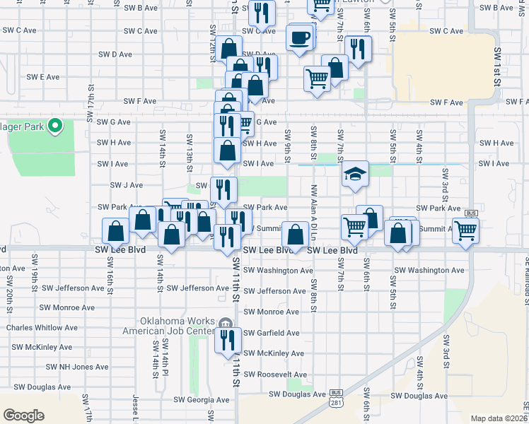 map of restaurants, bars, coffee shops, grocery stores, and more near 916 Southwest Park Avenue in Lawton