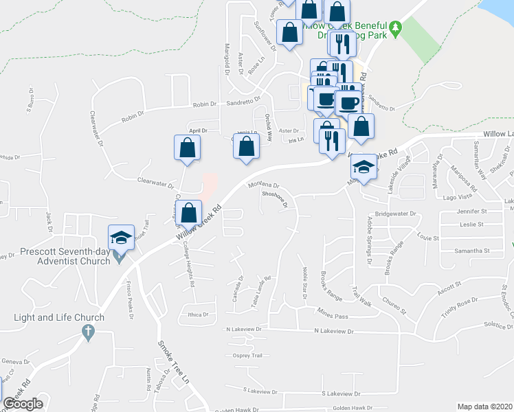 map of restaurants, bars, coffee shops, grocery stores, and more near 3168 Dome Rock Place in Prescott
