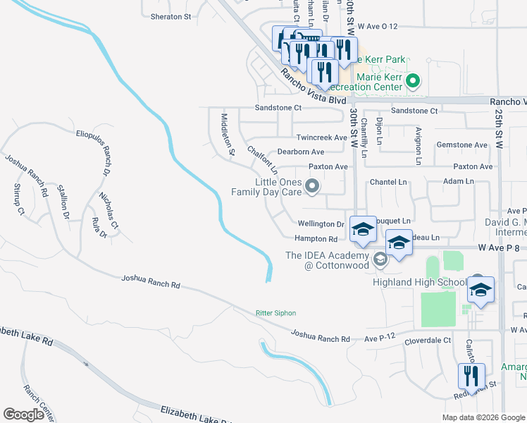 map of restaurants, bars, coffee shops, grocery stores, and more near 39317 Beacon Lane in Palmdale