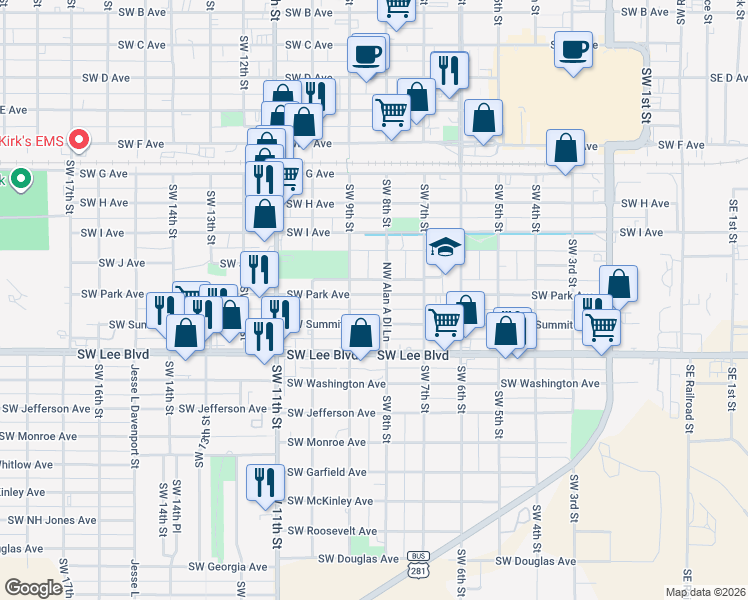map of restaurants, bars, coffee shops, grocery stores, and more near 716 Southwest Park Avenue in Lawton