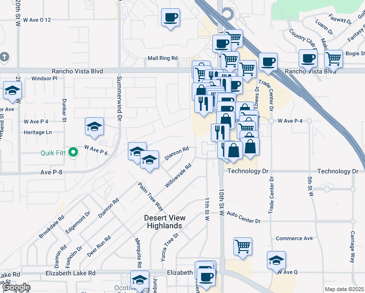 map of restaurants, bars, coffee shops, grocery stores, and more near 1122 Dianron Road in Palmdale