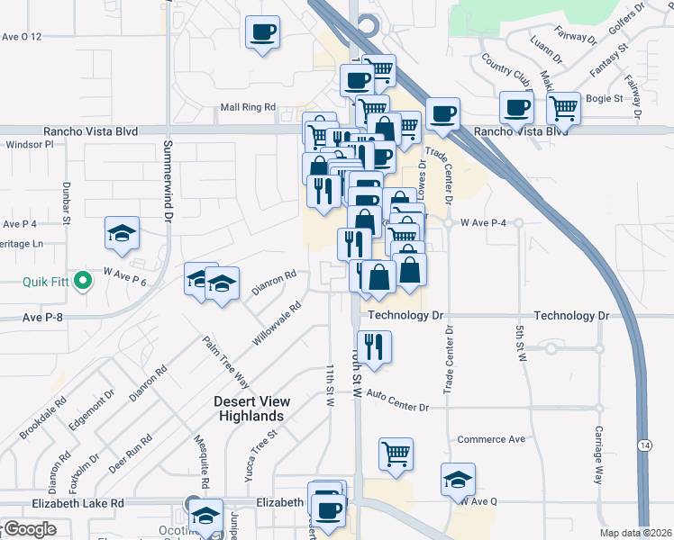 map of restaurants, bars, coffee shops, grocery stores, and more near 39235 10th Street West in Palmdale