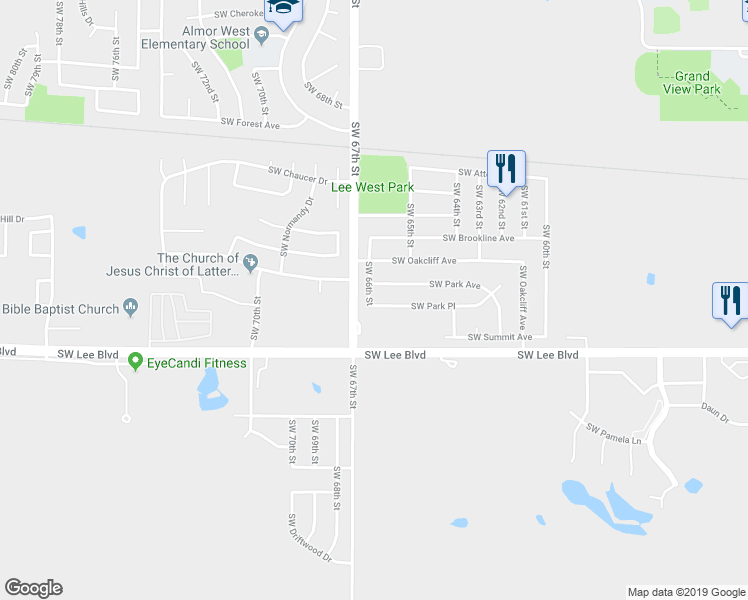 map of restaurants, bars, coffee shops, grocery stores, and more near 6143 Southwest Park Place in Lawton