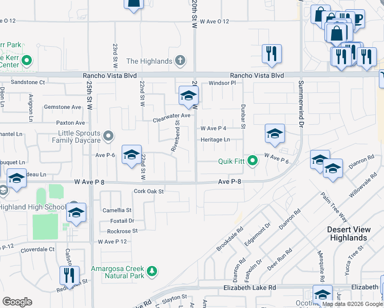 map of restaurants, bars, coffee shops, grocery stores, and more near 39266 Arrowhead Court in Palmdale