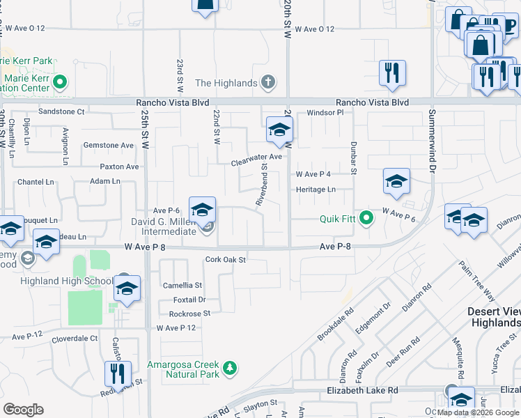 map of restaurants, bars, coffee shops, grocery stores, and more near 2049 Millcreek Way in Palmdale
