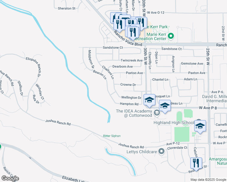 map of restaurants, bars, coffee shops, grocery stores, and more near 39303 Chalfont Lane in Palmdale
