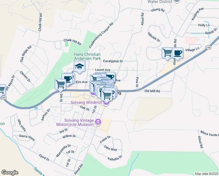 map of restaurants, bars, coffee shops, grocery stores, and more near in Solvang
