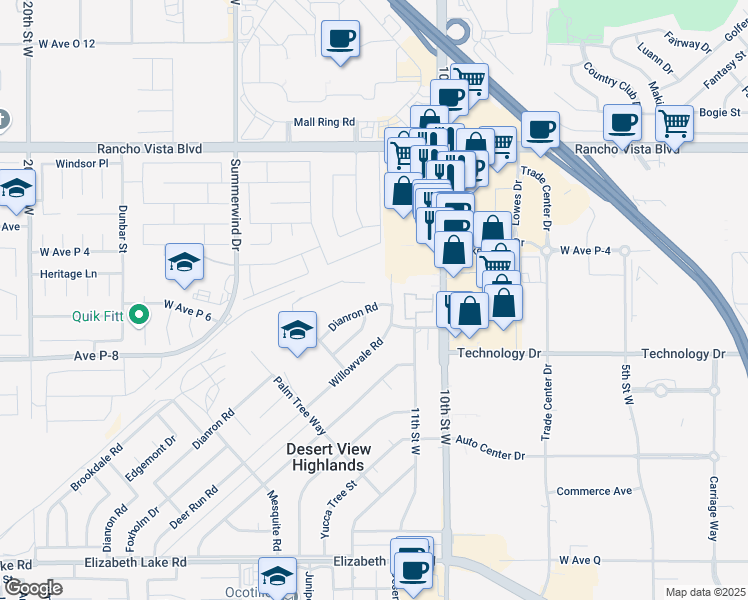 map of restaurants, bars, coffee shops, grocery stores, and more near 1122 Dianron Road in Palmdale