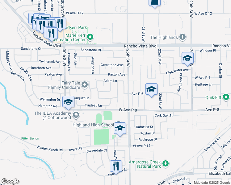 map of restaurants, bars, coffee shops, grocery stores, and more near 39301 Jacob Drive in Palmdale