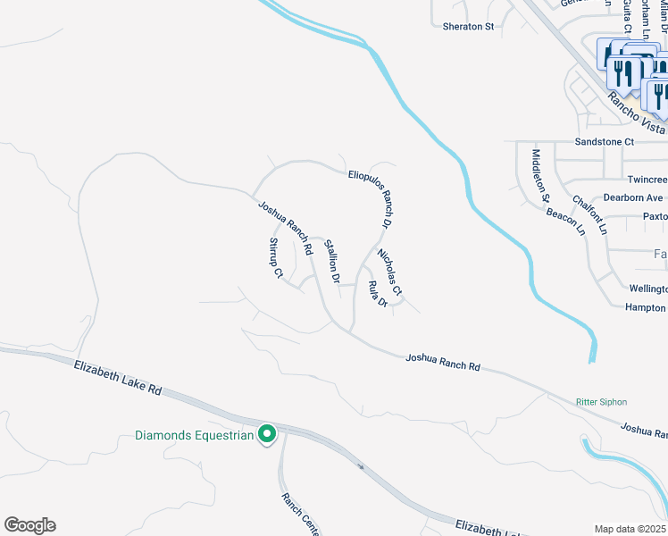 map of restaurants, bars, coffee shops, grocery stores, and more near Stallion Drive in Palmdale
