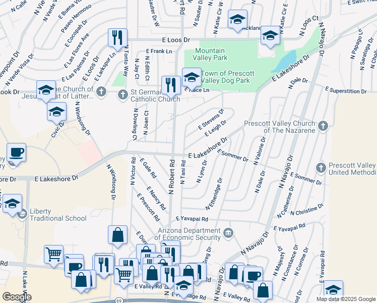 map of restaurants, bars, coffee shops, grocery stores, and more near 8305 East Lakeshore Drive in Prescott Valley