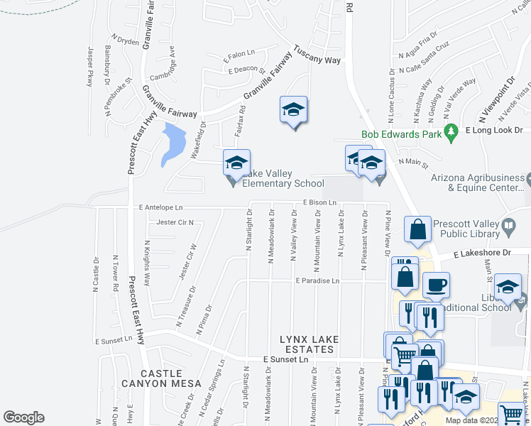 map of restaurants, bars, coffee shops, grocery stores, and more near 3750 North Meadowlark Drive in Prescott Valley