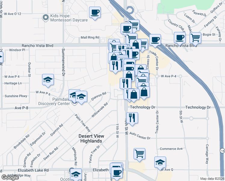 map of restaurants, bars, coffee shops, grocery stores, and more near 39334 Willowvale Road in Palmdale