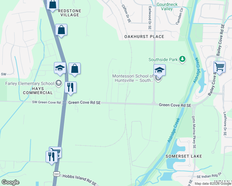map of restaurants, bars, coffee shops, grocery stores, and more near 412 Green Cove Road Southeast in Huntsville