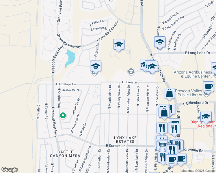 map of restaurants, bars, coffee shops, grocery stores, and more near 3750 North Meadowlark Drive in Prescott Valley